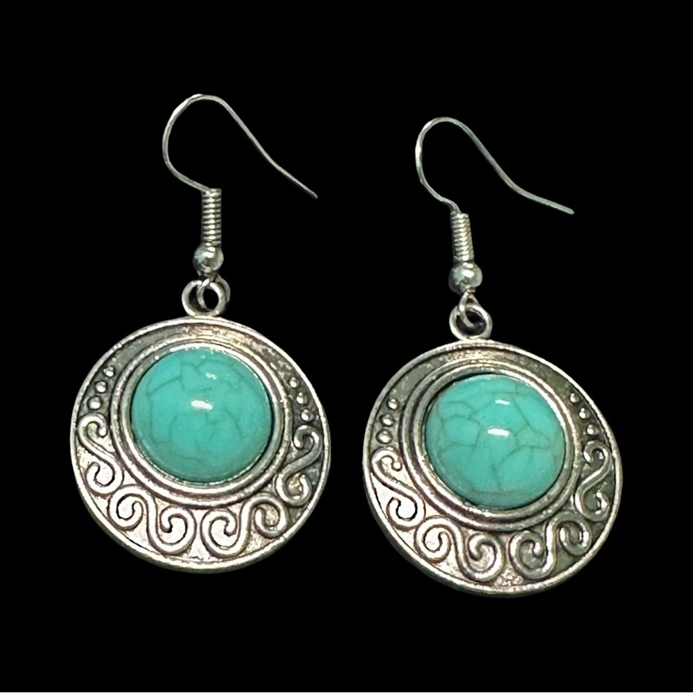 Turquoise & Silver Tone Dangle Earrings With Intricate Design